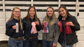 Alia Ames, Rebecca Castruita, Kate Harris, and Ashley Felsch at the California Collegiate Livestock Show