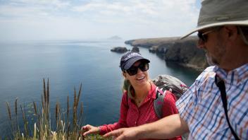 UC Davis researchers, Amy McLean and Jim Murray, inspect the vegetation on Santa Cruz Island. They were looking for clues as to how the Santa Cruz Island horses sustained themselves for so long on the island. UC Davis researchers are working with El Campeon Farms to preserve the Santa Cruz Island horse, which for centuries lived on the Channel Islands.