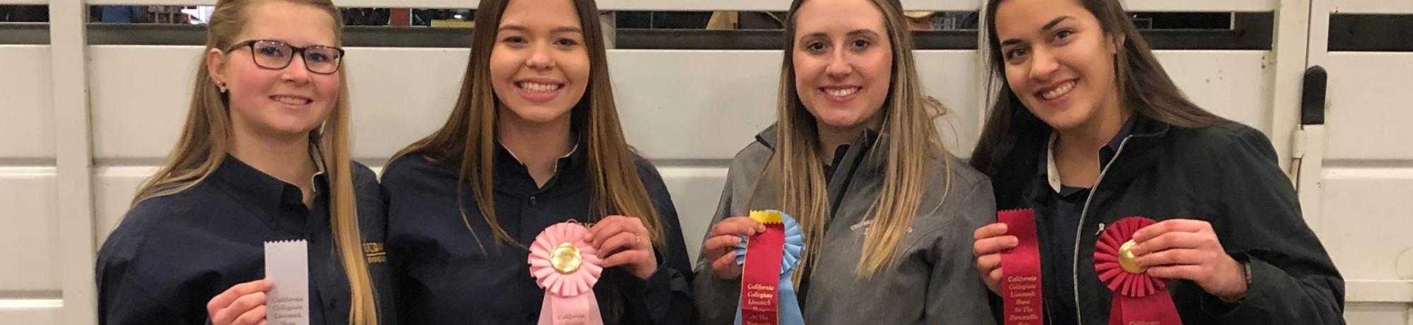 Alia Ames, Rebecca Castruita, Kate Harris, and Ashley Felsch at the California Collegiate Livestock Show